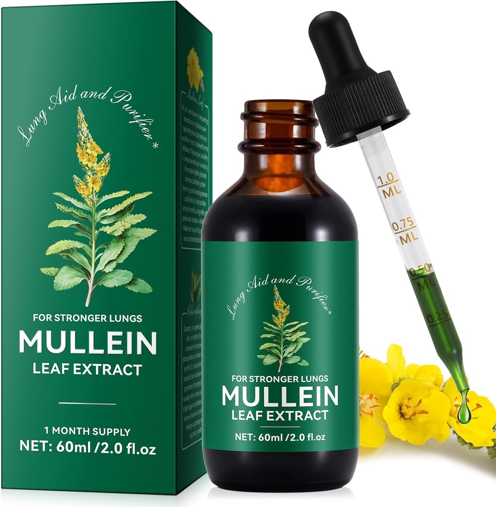 Mullein Drops for Lungs, Mullein Leaf Tincture Drops | 2 fl oz |Mullein Leaf Extract för Lungs Detox och Respiratory Lung Health, Stöd för andnings-, naturligt växtbaserade tillskott