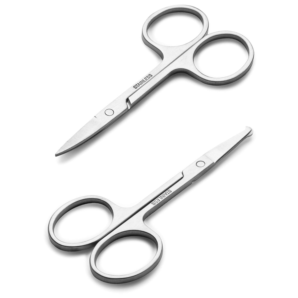 Facial Hair Small Grooming Scissors för Män Kvinnor - Eyebrow, Nose Hair, Mustache, Beard, Eyelashes, Ear Trimming Kit - Curved och Rounded Safety Tip Clippers för hårskärning - 2PCS Silver