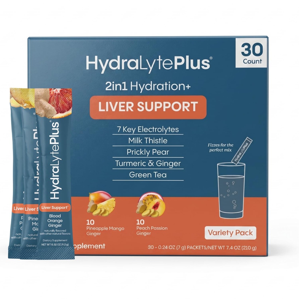 Hydralyte Liver Support + Electrolyte Mix med mjölk Thistle, Turmeric, Ginger, Prickly Pear, Green Tea Extract Formulerad för snabb rehydrering (Variety Flavor, 30 Packets)