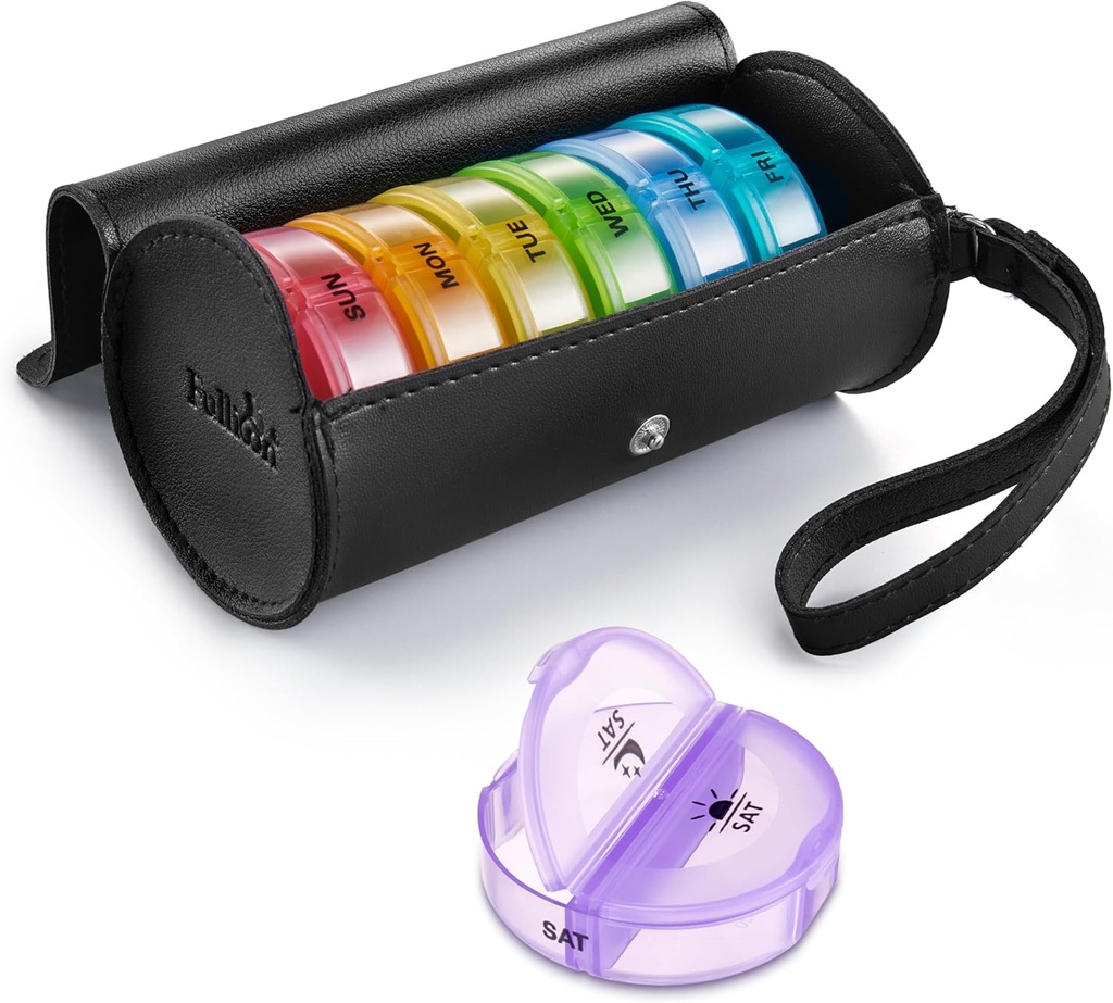 Fullicon PU Case Weekly Pill Box Organiser 2 Times A Day, Travel 7 Day Pill Boxes, Portable Tablet Organiser med stora delar för medicin, medicinering, vitamin, kosttillskott (Black / Rainbow)
