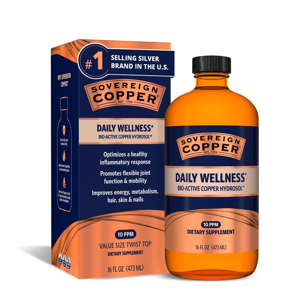Sovereign Bio-Active Copper Hydrosol - Bioavailable Colloidal Copper Liquid Supplement för vuxna och barn med Silver Hydrosol för immunstöd, hår, hud och naglar - 16 fl oz (473mL)