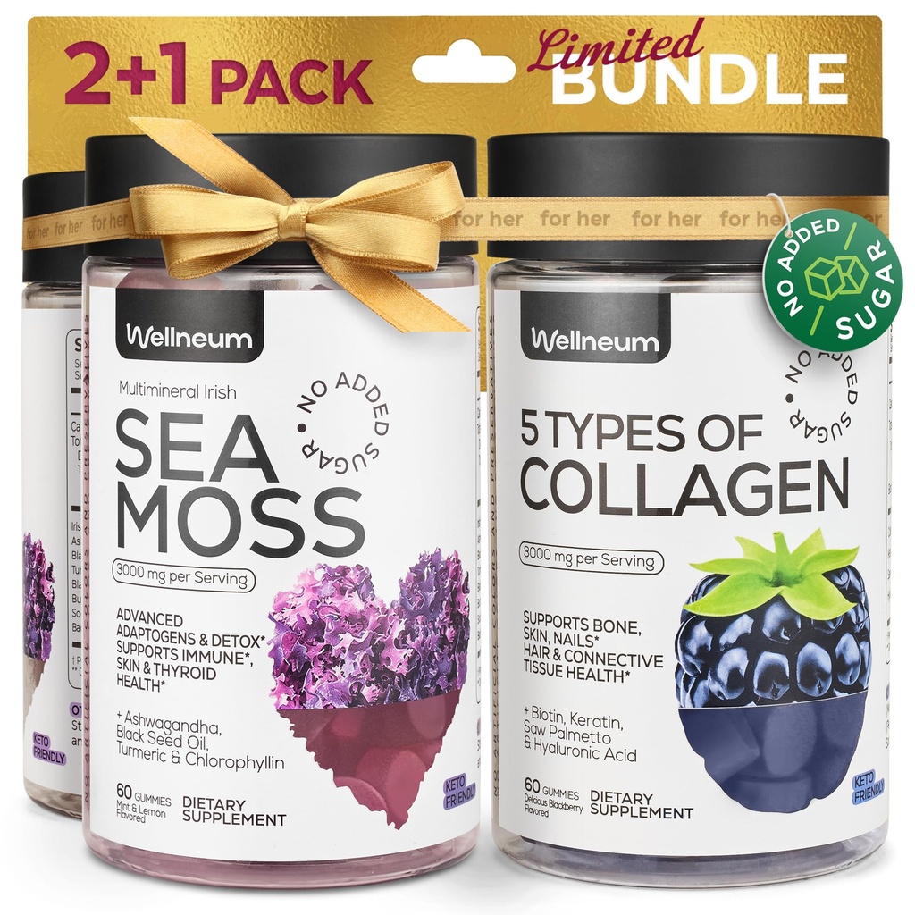 Collagen och Sea Moss Gummies Bundle - Collagen Peptides, Irish Sea Moss, Biotin, Keratin, Bladderwrack - Gummy Supplement för immunitet, Detox, Hälsosamt hår, hud och naglar - för män och kvinnor