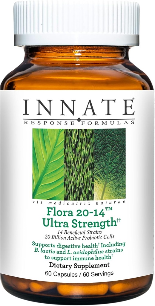 Innate Response Formulas Flora 20-14 Ultra Strength - Probiotic Supplement med 20 miljarder CFU - 14 Probiotiska stammar - Vegetarian och icke-GMO - Made Without 9 Food Allergens - 120 Caps ules