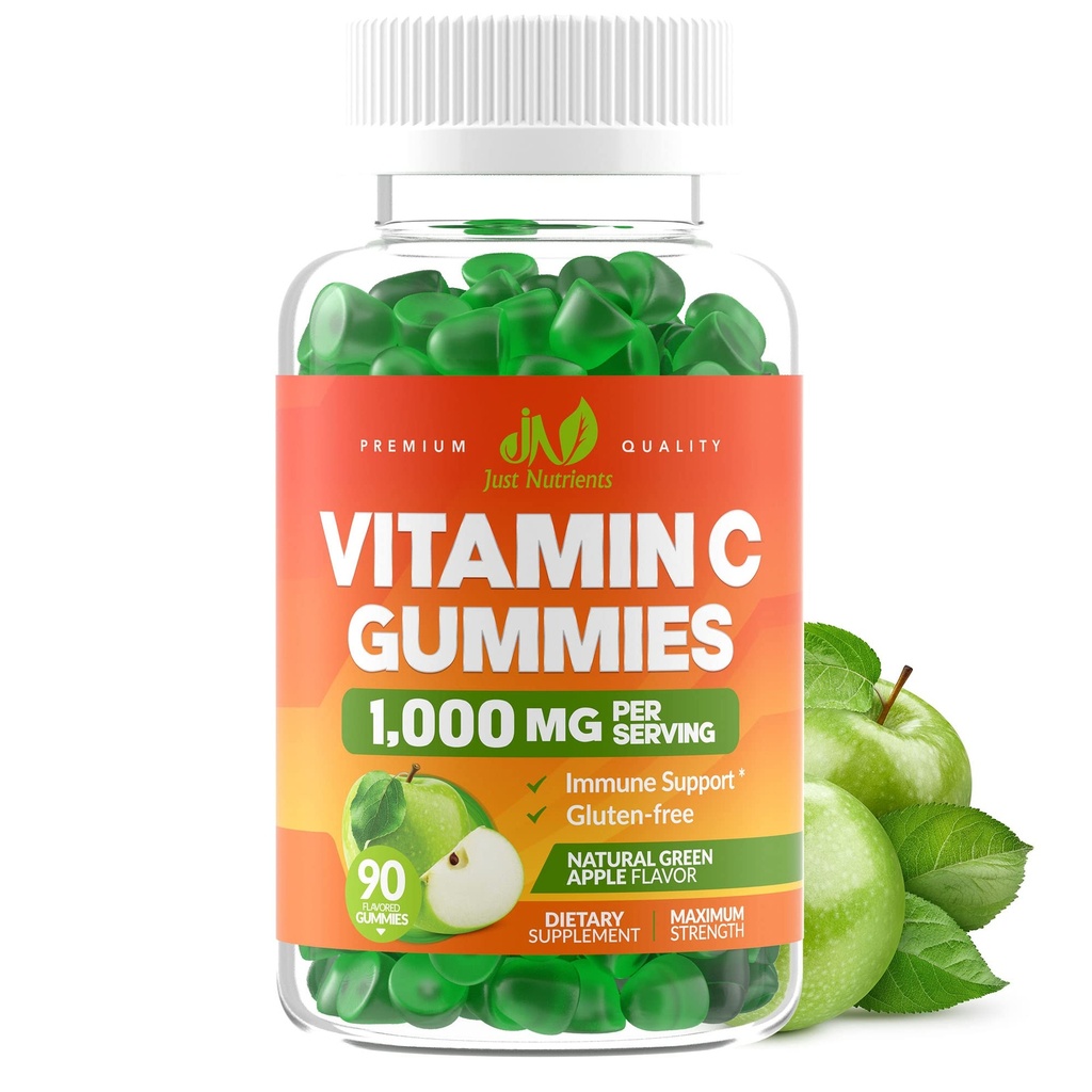 Vitamin C Gummies 1000mg för vuxna och barn - Maximal styrka tuggbar immunstöd, Collagen Support - Sour Green Apple Flavor - Gluten Free, Non-GMO, Vegetarian - 90 Gummies (30 portioner)