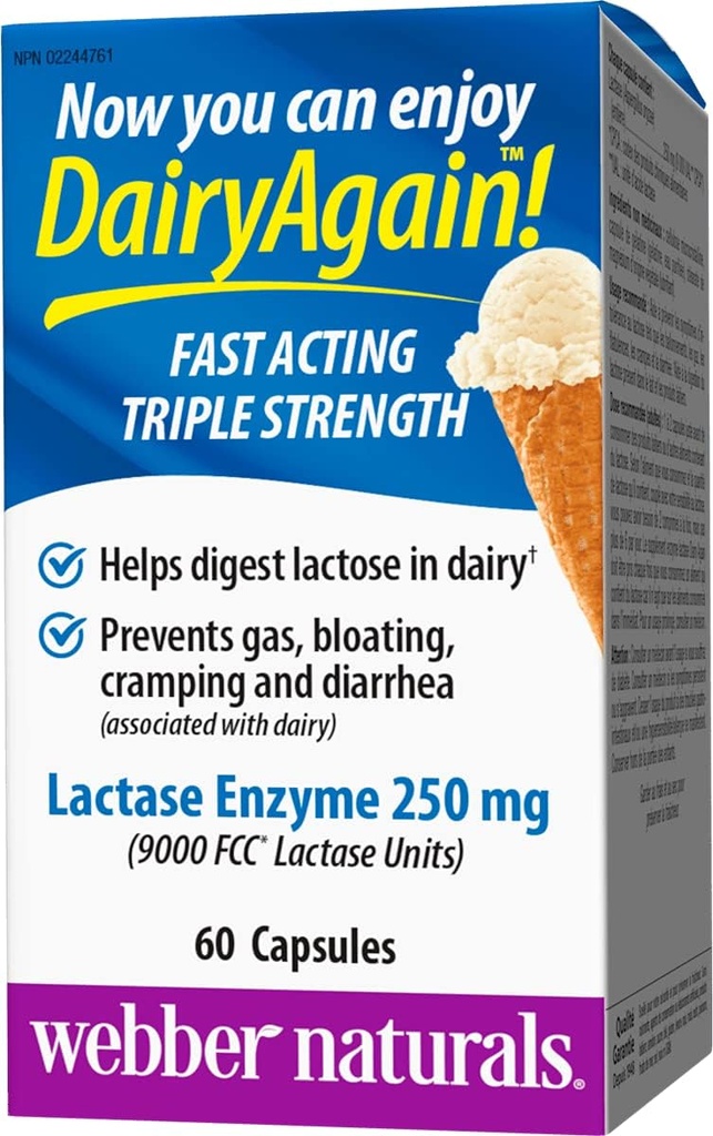 Webber Naturals Dairy Again 250mg Lactase Enzyme Triple Strength, 60 kapslar