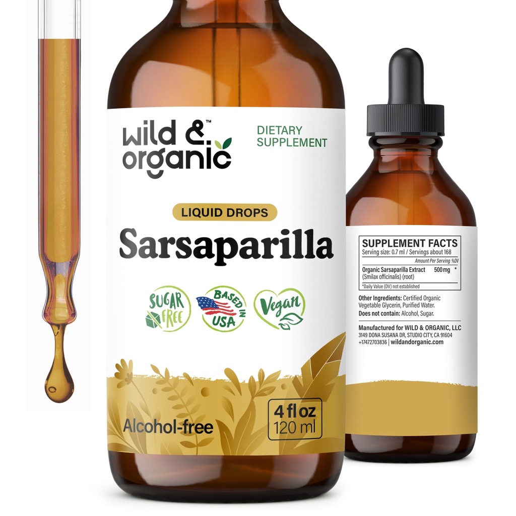 Wild & Organic Sarsaparilla Root Tincture - Totalt stöd - Sarsaparilla Extract Supplement - Vegan, Sugar & Alkoholfri flytande droppar - 4 fl oz