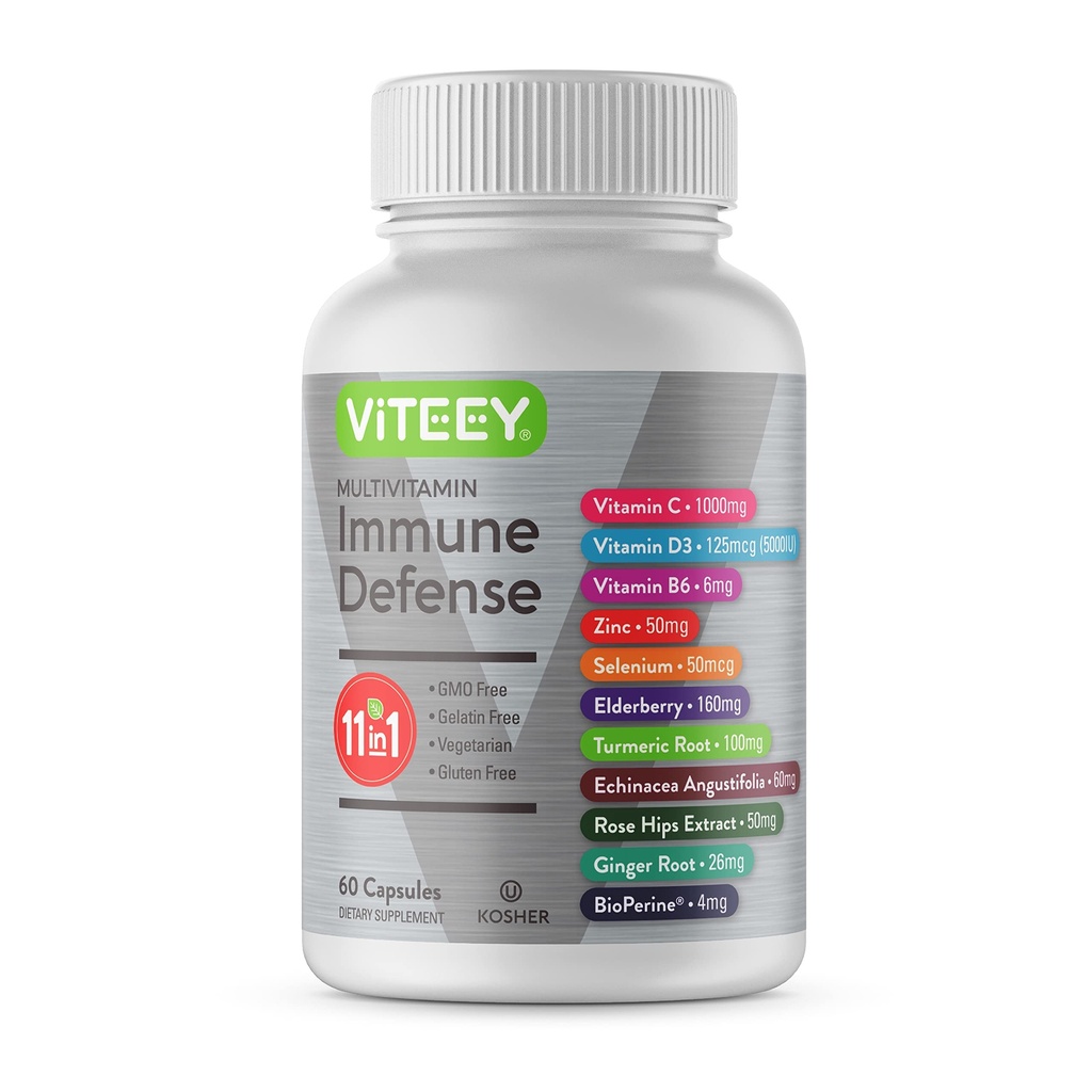 Viteey 11 i 1 Immune Support Supplement - Immune Defense med vitamin D3, B6, Echinacea, gurkmeja, Rose-HIPS, Selenium, BioPerine, Ginger, Elderberry Vitamin C och Zink - 60 Count