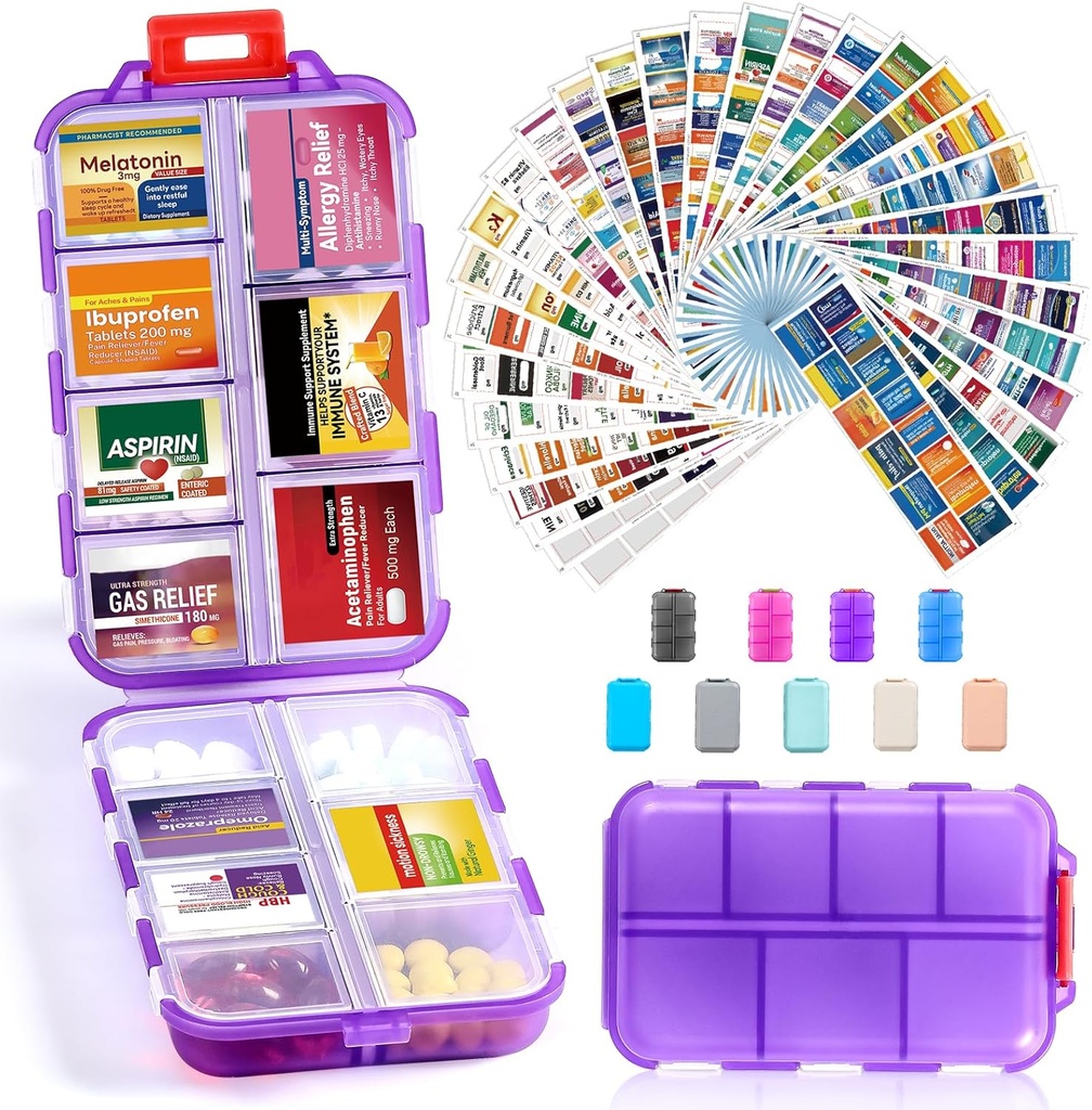 14 Grids Travel Pill Organizer Box med 415-Pcs Medicine Name Labels, Pocket Daily Pharmacy Case Container, Travel Medication Holder Dispenser Kit för Fish Oil Vitamin Supplement Storage -Clear Purple
