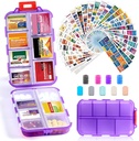 14 Grids Travel Pill Organizer Box med 415-Pcs Medicine Name Labels, Pocket Daily Pharmacy Case Container, Travel Medication Holder Dispenser Kit för Fish Oil Vitamin Supplement Storage -Clear Purple