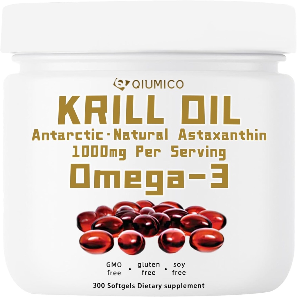 Antarctic Krill Oil Supplement, Rich i Omega-3s EPA, DHA & Astaxanthin, 1000mg Per Servering, Supplement för hjärta och immunitet, 300 Soft-Gels