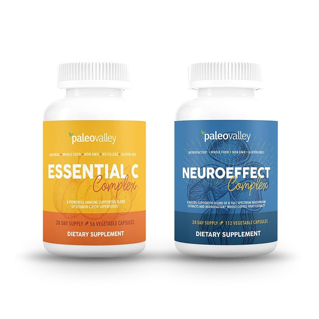 Paleovalley NeuroEffect + Essential C Complex Bundle - Neuro Mushroom Coffee Extract, vitamin C Supplement 450g Focus, Memory, Energy, Immune Support, Organiska Superfoods