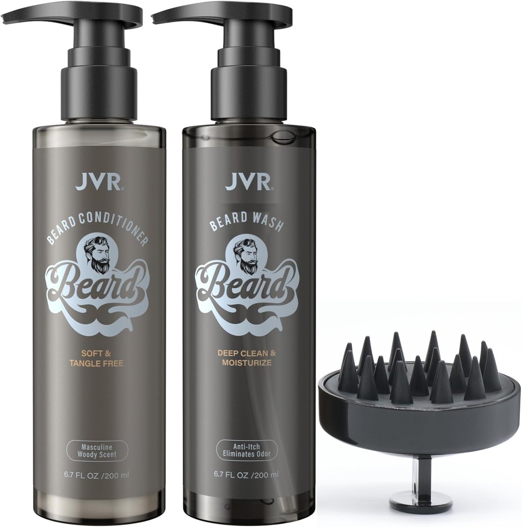 JVR Beard Wash and Beard Conditioner for Men, Beard Shampoo Cleanse och Reduces Frizz, Soften & Strengthens, Organic with Coconut, Aloe, ger Shine för torra och grova skägg, skäggvård (6.7oz)