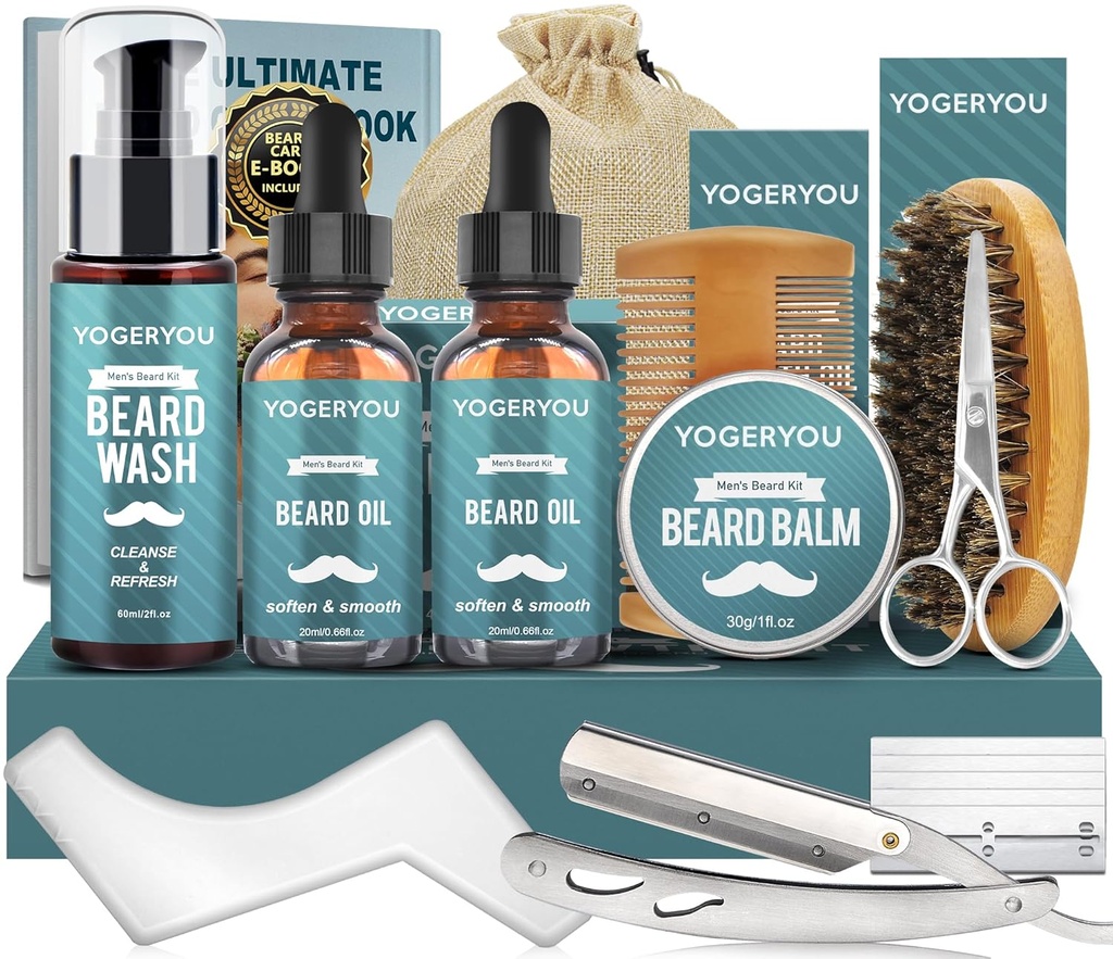 Beard Kit, Beard Grooming Kit för Män W/Straight Razor, 2 PACK Beard Oil, Wash, Balm, Brush, Comb, Scissors Mens födelsedag julklappar för Män Boyfriend Husband Beard Trimming Shaving Kit