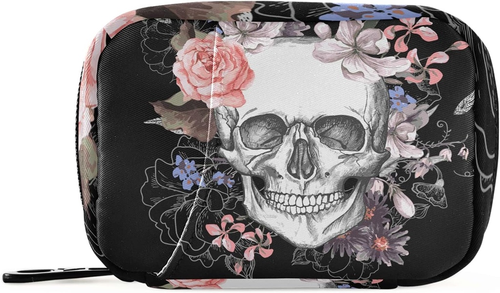 Naanle Watercolor Flower Skull Pill Box 7 Day Pill Case Travel Pill Organizer Bag med Zipper Portable Weekly Case Compact Size för vitamin Supplement Holder