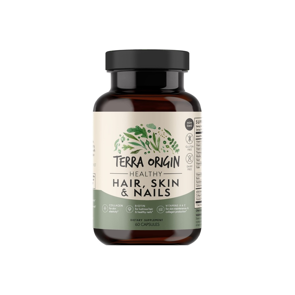 TERRA ORIGIN Healthy Hair, Skin and Nails Supplement | Collagen, Biotin, Horsetail & B-Complex | Stöder håret, hudens elasticitet och nageltillväxt | Vitaminer för kvinnor och män | 60 kapslar