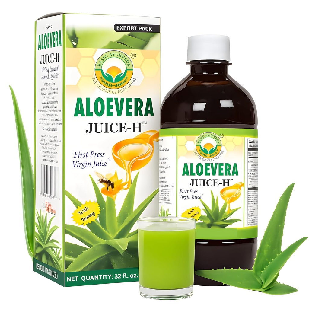 BASIC AYURVEDA Aloe Vera Juice med Honung 32.46 Fl Oz (960ml) | Stöder Digestive Health, Hydration & Skin Wellness | Cold Pressed Herbal Juice | Naturlig rensning | No Added Sugar