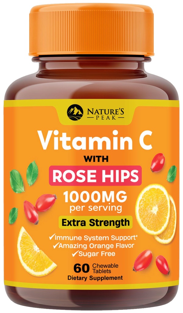 Vitamin C 1000mg Chewable Supplement - Extra Strength Immune Support Vitamin C Dietary Supplement med Rose HIPS, Nature's VitaminC Antioxidant Support, Natural, Vegan, Orange Flavor - 60 tabletter