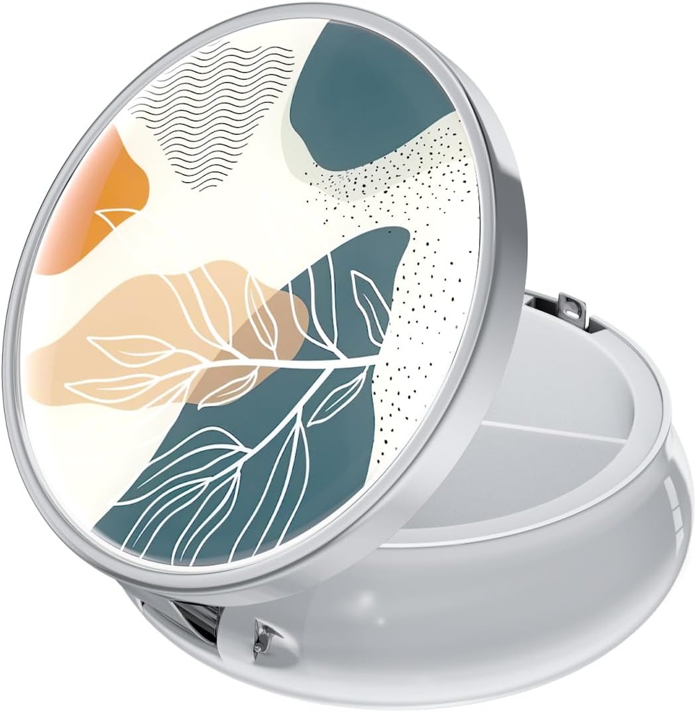 Rouidr Pill Box, 3 Compartment Medicine Pill Case, Small Metal Travel Medicine Box för Purse & Pocket, Silver, Abstrakt Boho Leaf