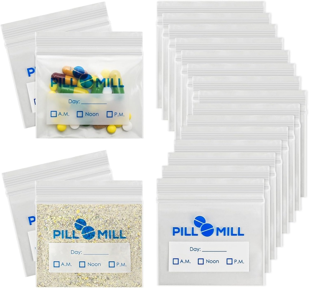 Pill Bag Count - Storlek 3 "X 2" 3 Mil - Plast Pill Organizer Bags - Small Pocket Pill Baggies - Travel Pill Pouch- Daily AM PM Medicine Storage Pouches - Locking Pill Carrier Container (100-Pack)