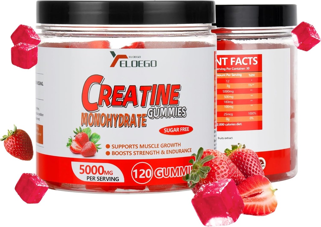 Kreatinmonohydrat Gummies 5000mg socker gratis för män och kvinnor, med L-Taurin + vitamin B12 för muskelstyrka, muskelbyggare, energiökning, pre-workout tillskott, jordgubbar, 120 greve