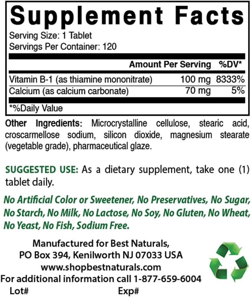 Bästa naturliga vitamin B1 som tiamin Mononitrate 100 mg och vitamin B-6 25 Mg