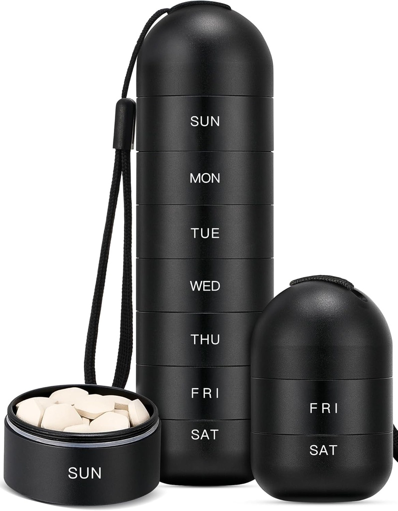 Zannaki Upgrade Large Metal Travel Pill Organizer, Waterproof Weekly Pill Box, Portable Aluminum Alloy Pill Case Container, BPA Free 7 Day Medicine Organizer Holder för vitamin, piller, tillägg