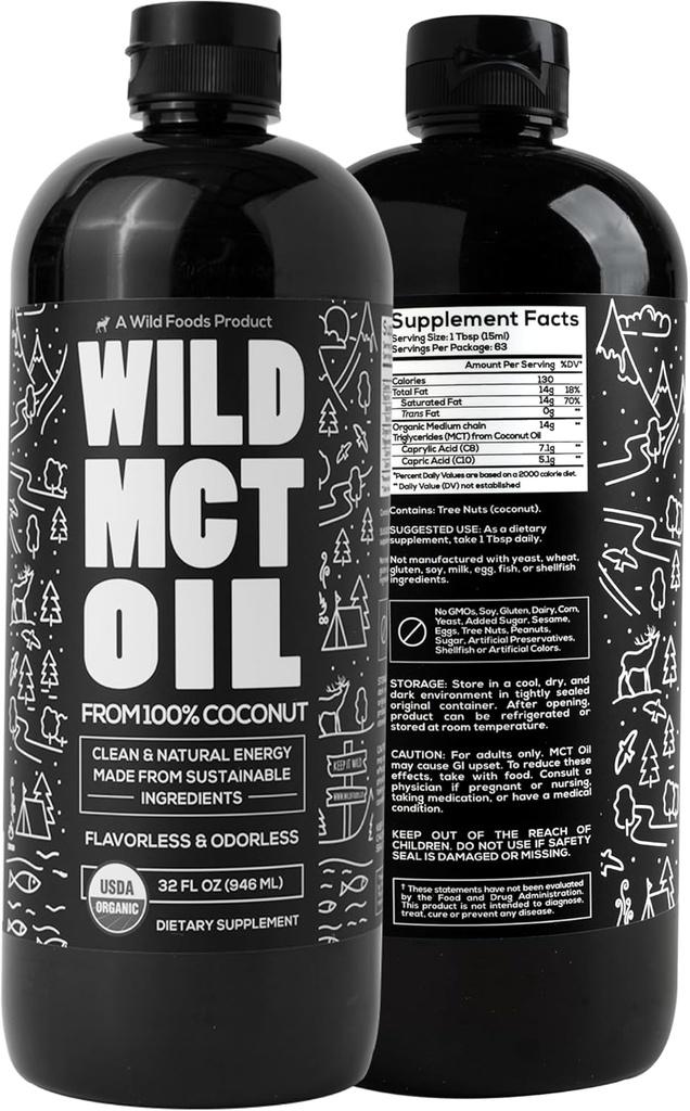 Wild MCT Oil Organic Coconut – 32 fl oz – från 100% naturlig kokosnöt – smaklös och luktfri C10/C8 MCT Olja för energi och kognitivt stöd – Keto-Friendly – Perfekt för kaffe, skakar och recept