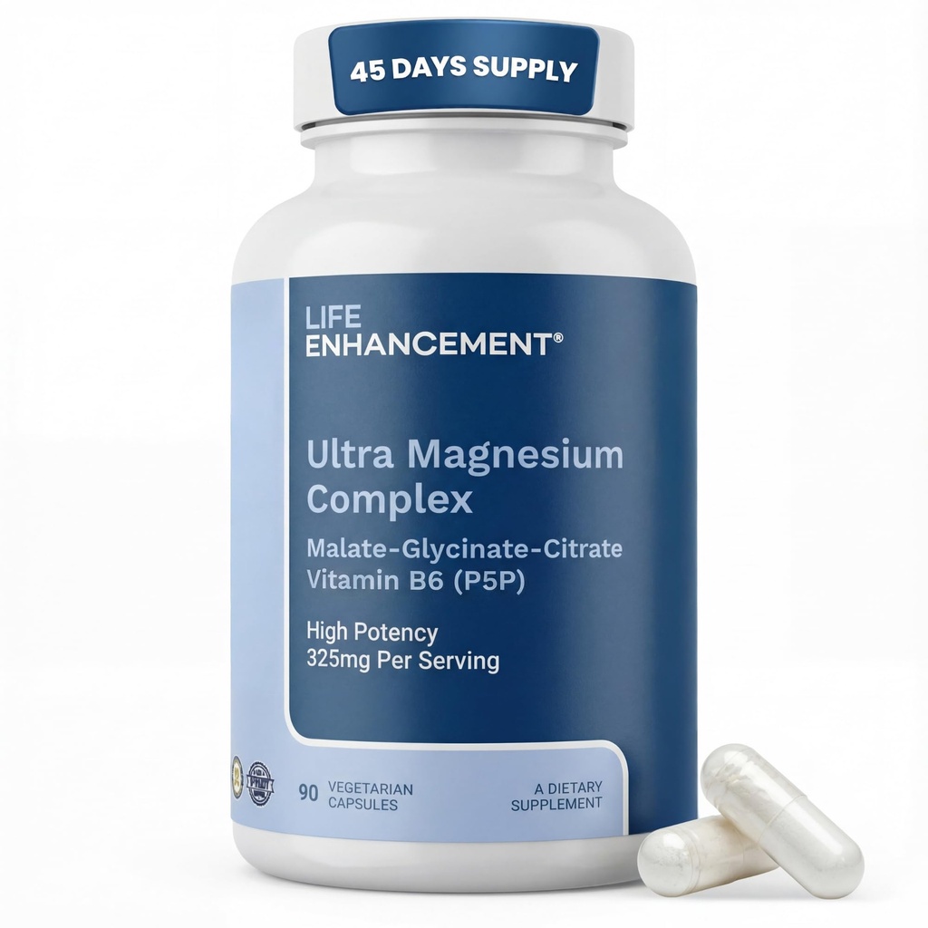 Life Enhancement Ultra Triple Magnesium Complex för kvinnor och män med Glycinate, Malate och Citrate - Magnesium Supplement Enhance Sleep and Brain Function - Made in USA (90 Vegetariska kapslar)