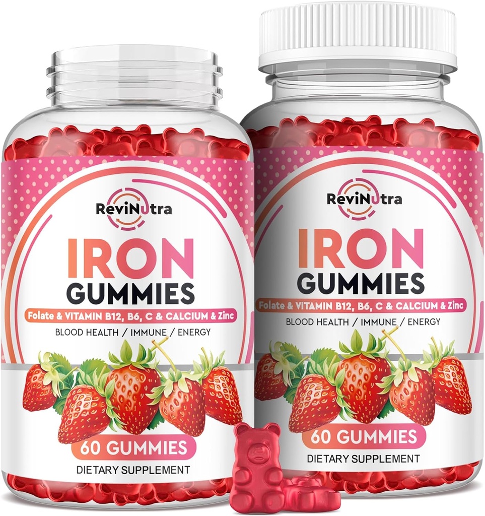 Iron Gummies - med Calcium, Zink, Folate & Vitamin B12, C, B6 för vuxna och barn - Blodbyggare och energistöd för järnbrist, Anemia, Vegan - 2 Pack Strawberry Flavour,60 Gummies