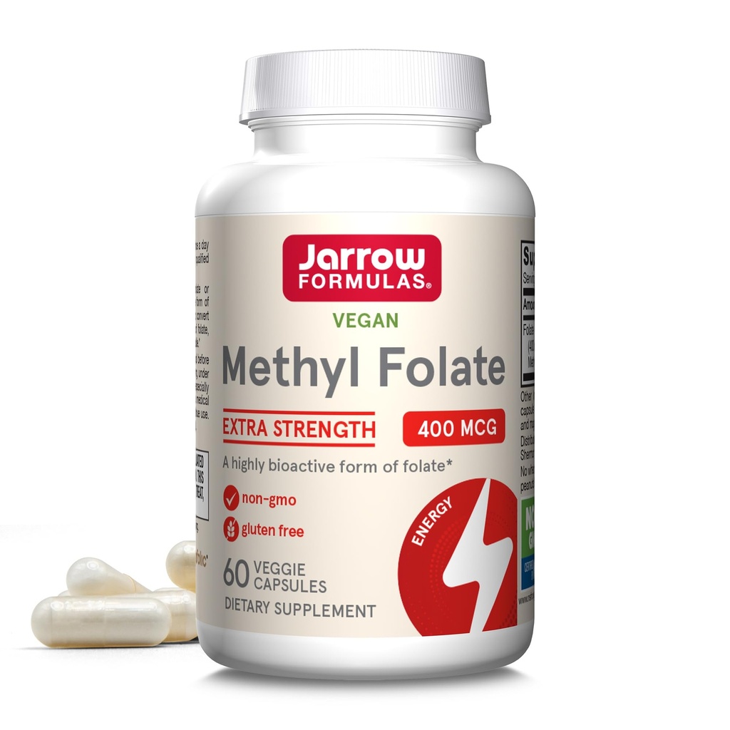 Jarrow Formulas Extra Strength Methyl Folate 400 mcg, Kosttillskott för kardiovaskulär och neurologisk hälsa Support, 60 Veggie Capsules, 60 Day Supply