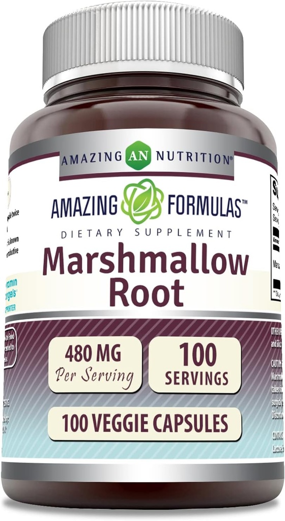 Fantastiska formler Marshmallow Root Supplement | 480 Mg Per Serving | 100 Veggie Capsules | Non-GMO | Gluten Free | Tillverkad i USA
