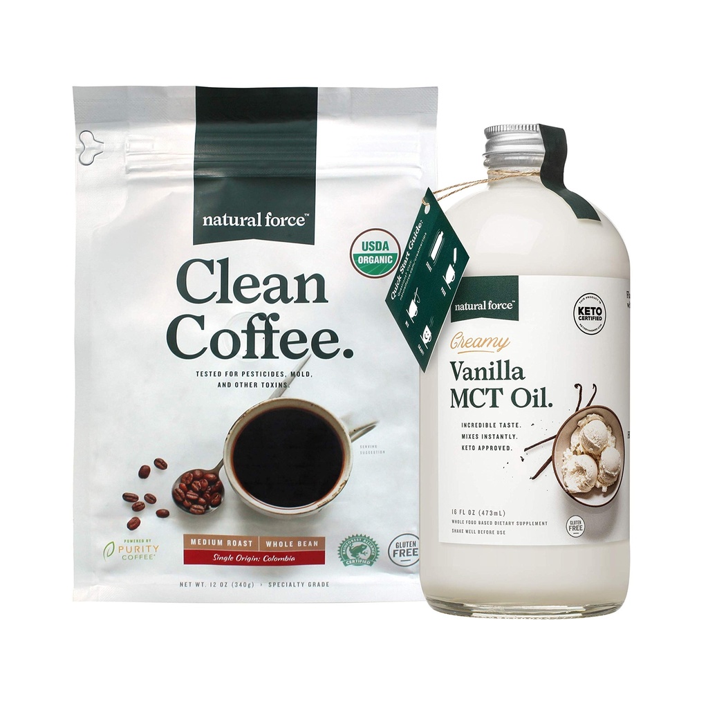 Natural Force Organic Clean Coffee + Creamy Vanilla MCT Oil Bundle - smaksatt MCT Creamer & Mold & Mycotoxin Free Coffee - Non-GMO, Keto, Paleo och Vegan - 12 Oz Bag och 16 Oz Glass Bottle