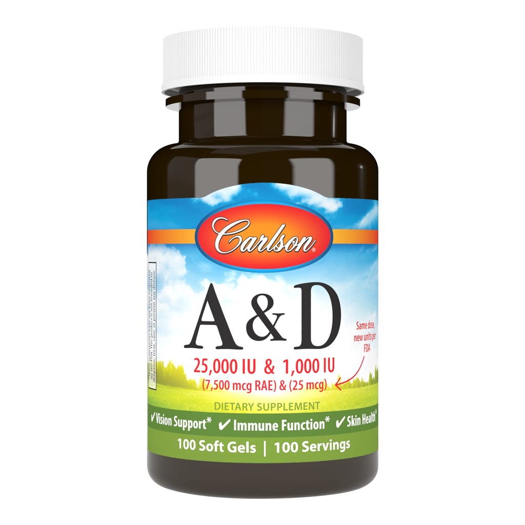 Carlson - A & D, 25000 IE (7500 mcg RAE) Vitamin A, 1000 IE (25 mcg) Vitamin D, Vision Support, Skin Health, 100 Softgels