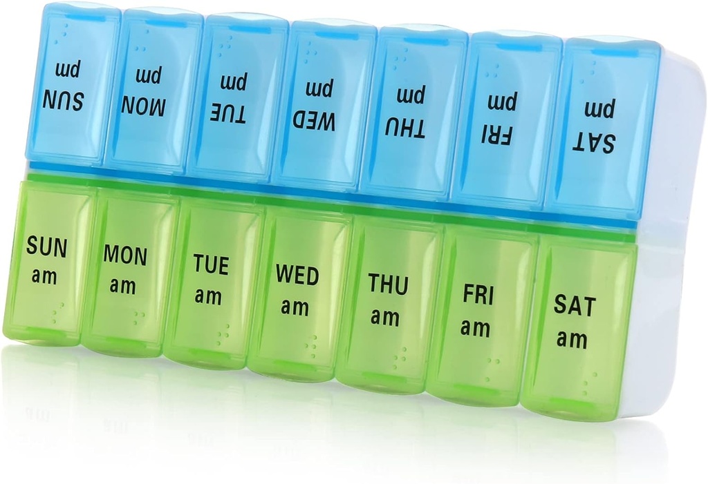 7 Day Weekly Pill Organizer,Large Daily Pill Organizer 2 gånger om dagen, PM Pill Case, Day Night Pill Container 7 Day 14 Compartments for Pills Vitamin Medication (Blue+Green)