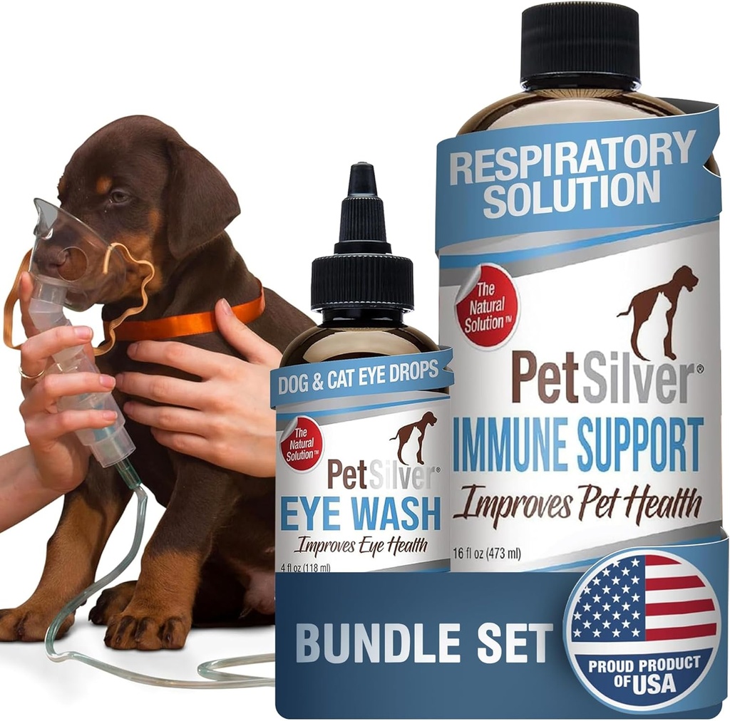 PetSilver - Immune Support (16 fl oz) och Eye Wash (4 fl oz) med Patented Chelated Silver - Allergier, Sinus & Cough Behandling - Eye Cleaner & Tear Stain Remover för katter och hundar - Made in USA