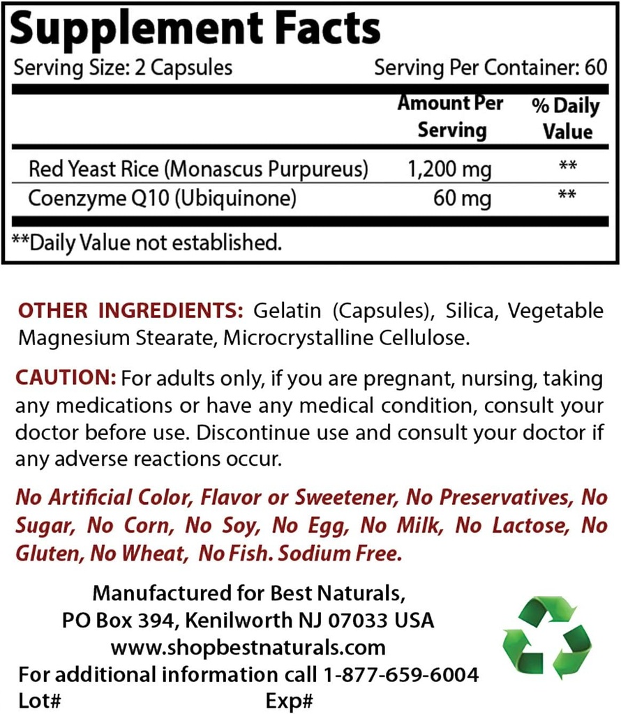 Bästa naturliga röda jästris med Q10 & Niacin 500 mg