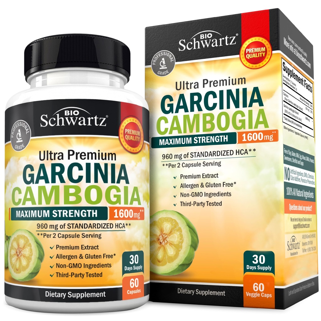 Garcinia Cambogia Weight Loss Pills - Maximal styrka Appetite Suppressant & Fat Burner för Män & Kvinnor - 1600mg Natural Extract & 960mg HCA - Metabolism Booster & Carb Blocker Capsules - 60Ct