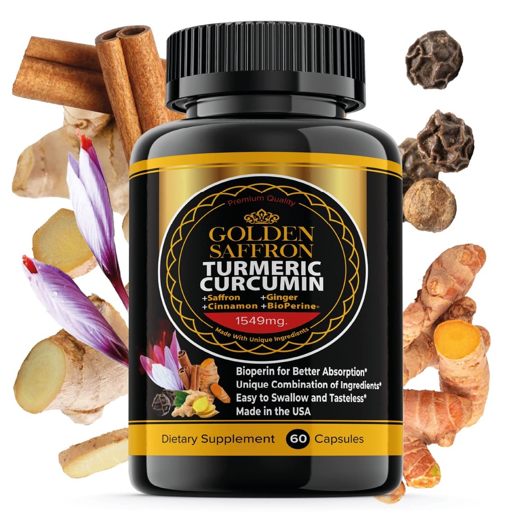 GOLDEN SAFFRON Turmeric Curcumin Supplement with Bioperine, Saffron, Cinnamon, and Ginger - High Potency, Non-GMO, Gluten-Free Supplement for a Better Effectiveness. Made in USA