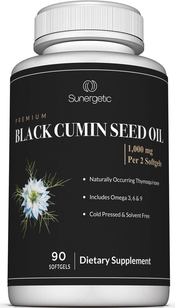 Sunergetic Premium Black Cumin Seed Oil Softgels - 1000mg Black Seed Oil Per Serving - Non GMO Cold Pressed Nigella Sativa - Inkluderar Thymoquinone & Omega - 90 Softgels
