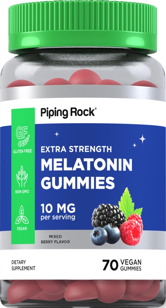 Piping Rock Melatonin Gummies 10mg | 70 greve | Berry Flavor Supplement | Vegan, Non-GMO, Gluten Free