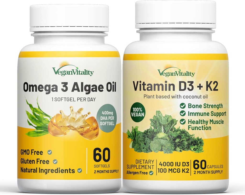Vegan Vitality Health Booster Bundle - Vegan D3 + K2 och Vegan Omega 3 Algerolja. Hög styrka Plant Baserat Formel för immunitet, Energi Övergripande Hälsa för Veganer och Vegetarianer