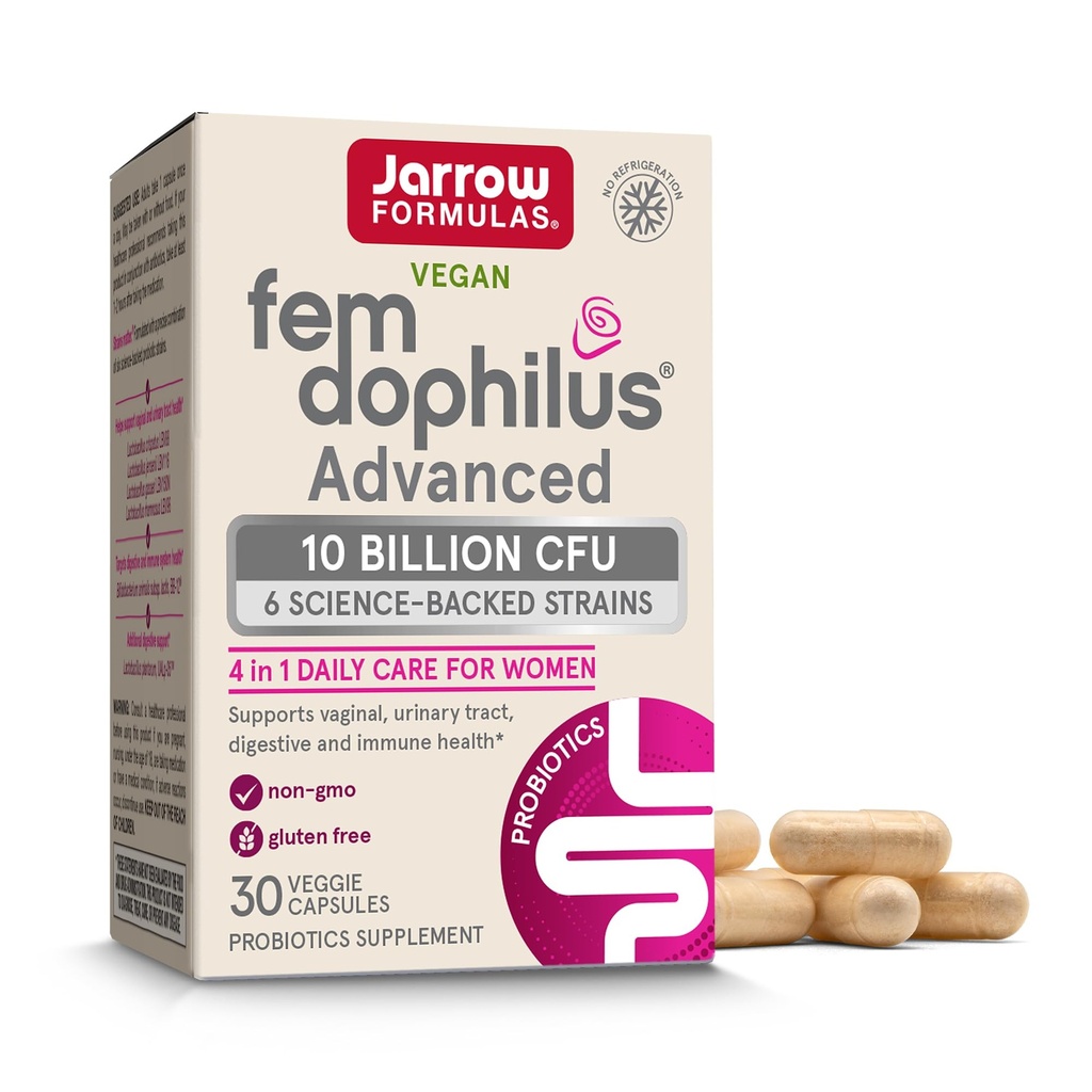 Jarrow Formulas Fem-Dophilus Advanced Vaginal & Digestive Probiotics 10 Billion CFU med 6 Science Backed Strains, för Vaginal, Urinary Tract, Digestive & Immune Support, 30 kapslar, Shelf-Stable