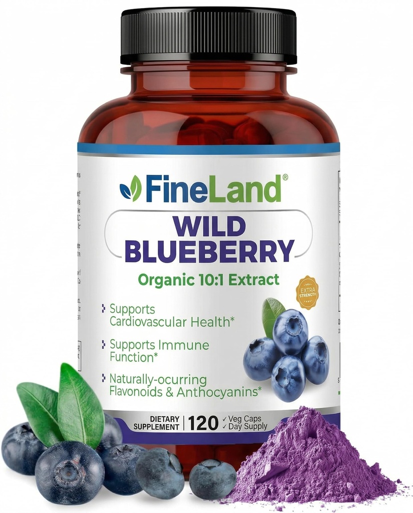 FineLand Wild Blueberry 10:1 Extract, 6000 mg Styrka, 120 Vegan Capsules, Rich i Flavonoids & Anthocyanins, Antioxidant Support för hjärna och hjärthälsa, 4-månaders leverans, icke-GMO Made i USA