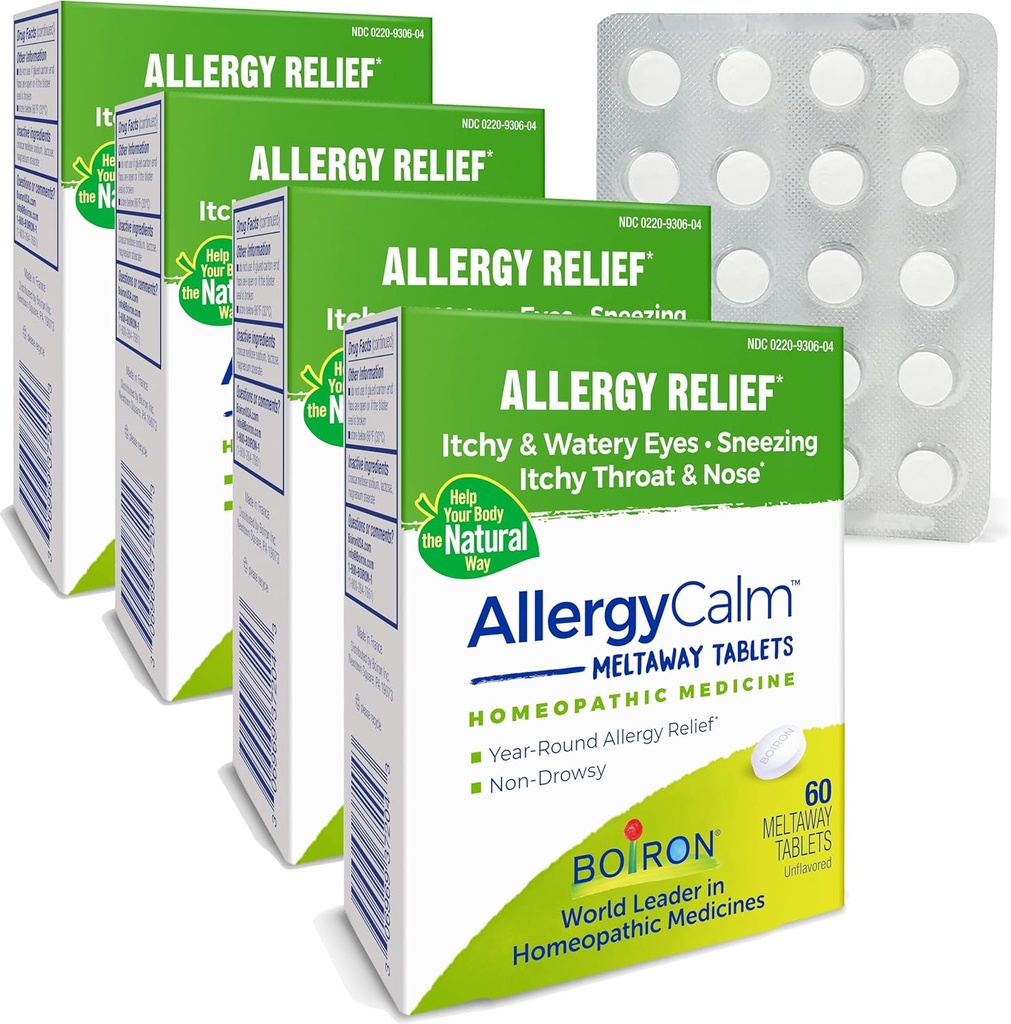 Boiron AllergyCalm Tablets 240 greve, lättnad från allergier och Hay Fever Symptom på Sneezing, Runny Nose, Itchy Eyes, Throat, Allergy Calm Tabs (Formerly RhinAllergy) (Pack av 4 60ct Boxes)