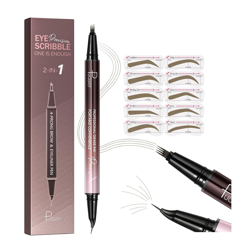 Pudaier 2-i-1 Curved Eyebrow Pen & Eyeliner med 10Pcs Brow Stencils, Microblading Eyebrow Pencil, Waterproof & Long Lasting, Truffle