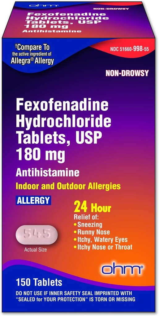 Ohm Allergy Medicine Fexofenadine 180mg - 24 timmars lättnad för Sneezing och allergisymptom, icke-drowsy - 24-timmars antihistamin tabletter för effektiv lättnad - 150 greve (enkelt pack)
