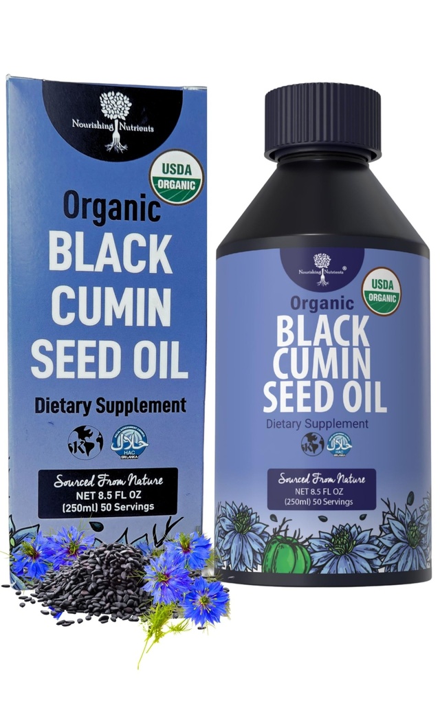 Organic Black Cumin Seed Oil-USDA-Cold Pressed - upp till 6X starkare Thymoquinone- Pure Nigella Sativa Cumin Seeds - Premium Supplement för Immune Support, Antioxidant, Calming, Skin & Hair (8,5 oz)