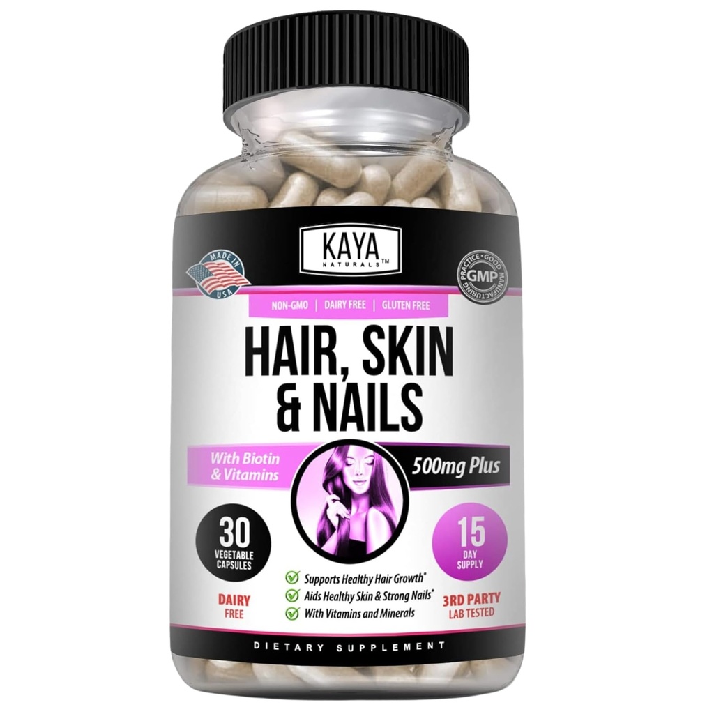 Kaya Naturals Hair Skin Nail Capsules with Biotin - Hair and Skin Vitamins, Vitamin D Vitamin B-12 A Folic Acid Support, Hair Support Vitamin Supplement for Hair Skin Nails-30 Count Capsules
