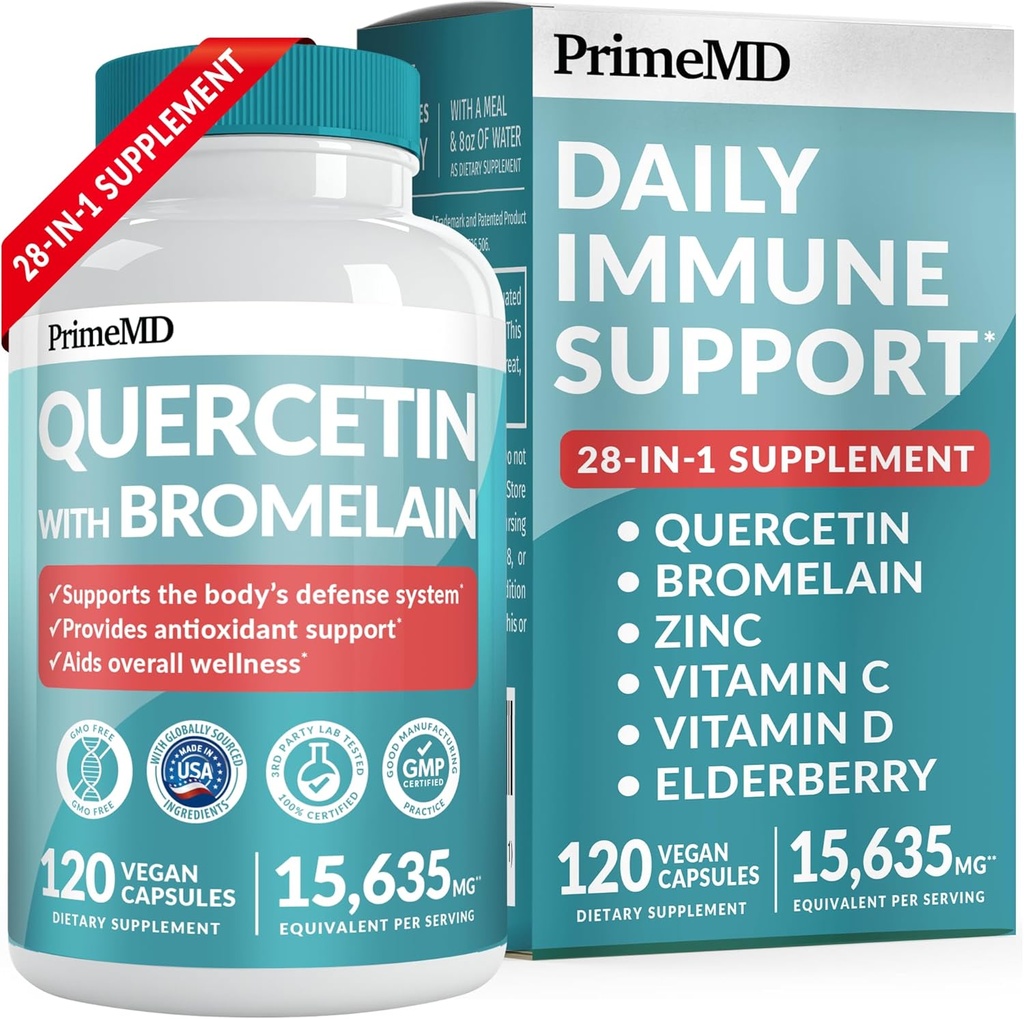 28-i-1 Quercetin med Bromelain Supplement for Daily Immune Defense Support - Quercetin med vitamin C och Zink för vuxna berikade med vitamin D och Elderberry (120ct)