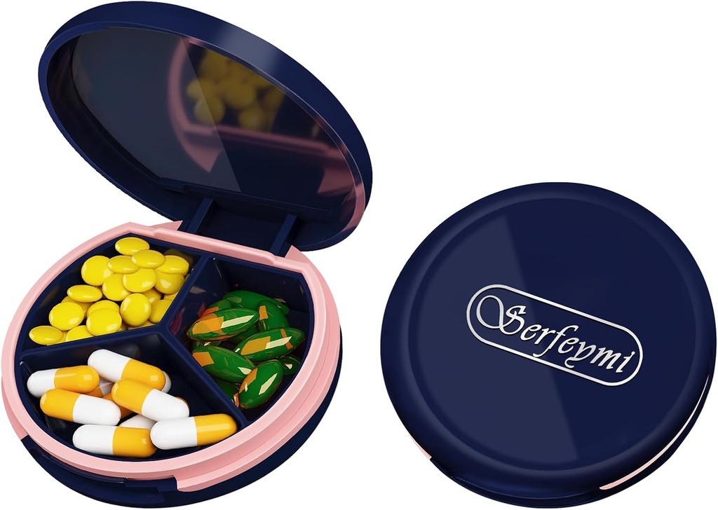 Serfeymi Small Pill Box - 3 Compartments Portable Pill Box för Purse Pocket, Compact Mini Travel Pill Case - Lämplig för medicin, Vitamin, Fish Oil, Supplements - Dark Blue (Logo)